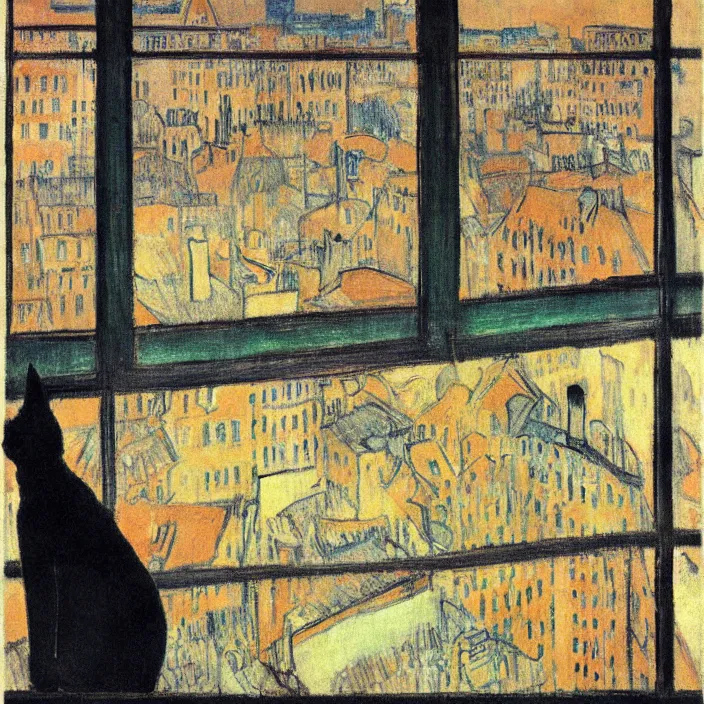 Image similar to city seen from a window frame. fuzzy black cat. henri de toulouse - lautrec, utamaro, matisse, felix vallotton, monet