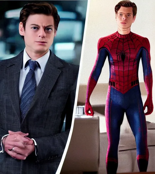 Image similar to very handsome peter parker with his spider suit removed to his waist, looking seductive