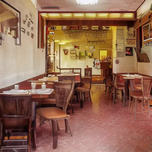 Prompt: dull, abandoned photograph, desaturated, chinese restaurant interior, two-point perspective