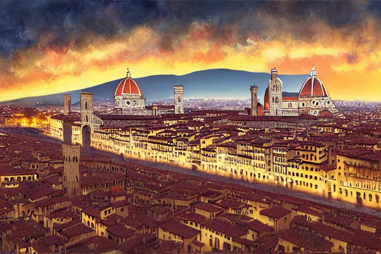 Prompt: florence santa maria del fiore at sunset by artgerm, greg rutkowski, trending on artsation, iamag digital painting, highly detailed, overdetailed, colorful