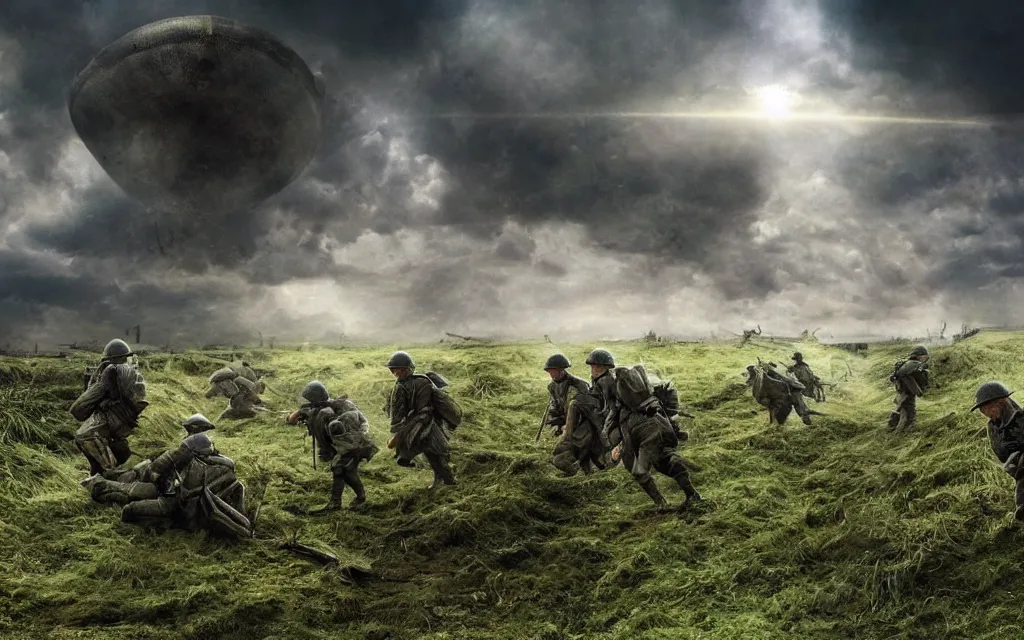 Image similar to fight ww 1, deep trenches with fortifications, natural landscape, green and blue tones, soldiers fighting against aliens from edge of tomorrow, realistic people, ground explosion in the background, alien mothership in the sky, hyper realistic, highly detailed, dramatic lighting, raytarced, god rays, 4 k, 8 k, art by artgem