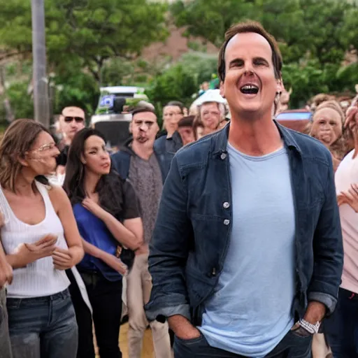 Image similar to will arnett crying with big smile on face standing in the middle of a parking lot, with many people running away