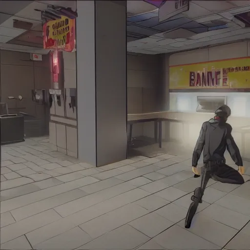 Prompt: a screenshot of a First person anime bank robbery simulator game set in the 1990\'s , Unreal engine 5, created by Arc System Works + Hideo Kojima