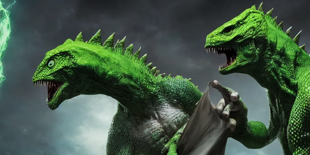 Image similar to Marvel comics character the Lizard, green, wearing a white lab coat, tall, monster, scales, horror, dinosaur style, ultra realistic, 4K, movie still, UHD, sharp, detailed, cinematic, render, 1970s