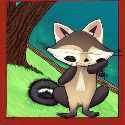 Image similar to a raccoon painting a picture of himself, anime, kawaii