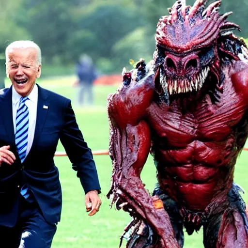 Image similar to joe biden is being chased by a monster from predator on the white house lawn