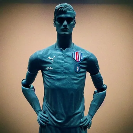 Image similar to “ a realistic detailed photo of a guy who is an attractive humanoid who is half robot and half humanoid, who is a male android, soccer player antoine griezmann, shiny skin, posing like a statue, blank stare, at the museum, on display ”