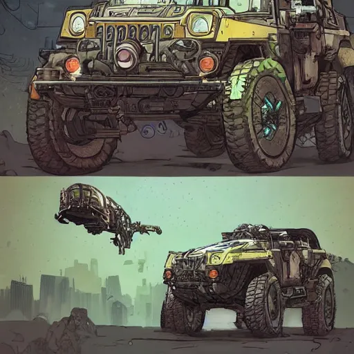 Prompt: alligator mech jeep concept borderland that looks like it is from Borderlands and by Feng Zhu and Loish and Laurie Greasley, Victo Ngai, Andreas Rocha, John Harris