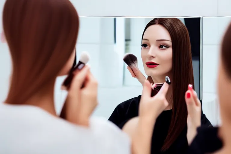 Prompt: beautiful female android, putting on makeup in front of a bathroom mirror