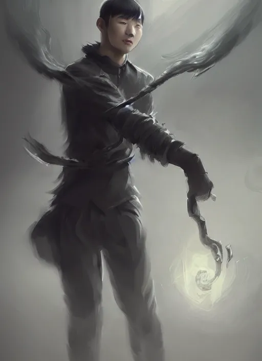 Prompt: a highly detailed illustration of korean man with bowl cut black hair wearing tie with giant black claws, wielding giant black fog claws pose, tired expression, foggy black mist surrounding background, intricate, elegant, highly detailed, centered, digital painting, artstation, concept art, smooth, sharp focus, league of legends concept art, wlop.