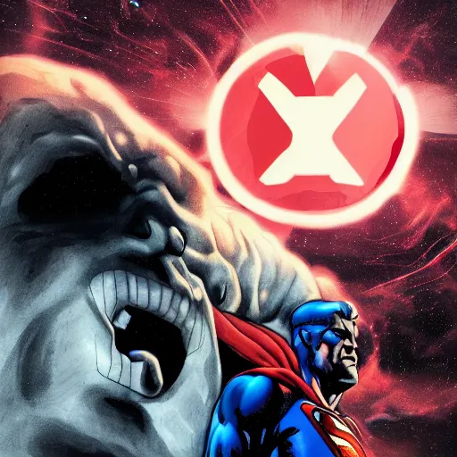 Image similar to portrait of superman as darkseid, in space, on abandoned planet