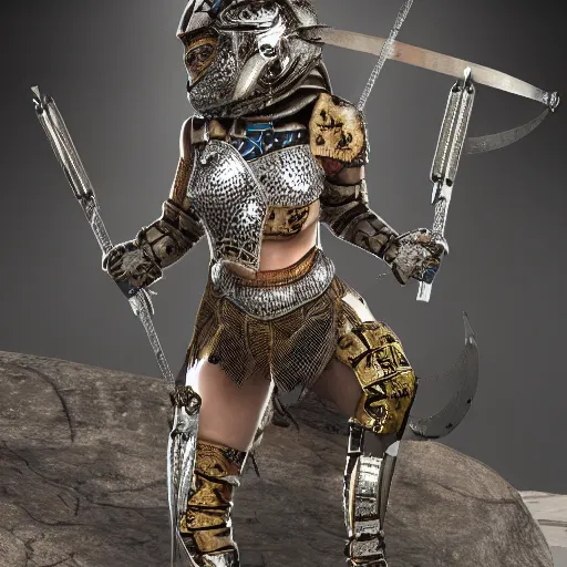 Image similar to female warrior with metal jaguar armour, highly detailed, 4k, HDR, smooth, sharp focus, hyper realistic, high resolution