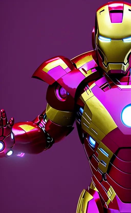 Image similar to iron man's suit but the colour scheme is purple and gold, octane render, photorealistic, realistic shading, cinematic, detailed textures