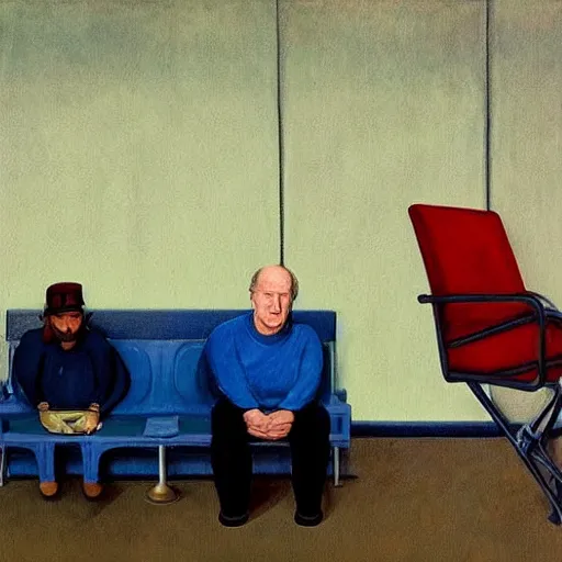 Prompt: werner herzog sits in the waiting area of the dmv with a pair of bolt cutters in the chair next to him. ultra wide angle, style of edward hopper, wes anderson, chris ware, award winning, hyperrealistic, dynamic lighting, very detailed face, 4 k