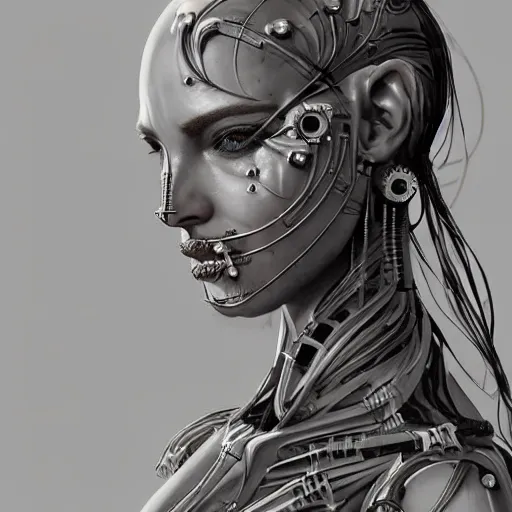 Image similar to a mechanized version of a beautiful woman, facial piercings, very symmetrical, highly detailed, by vitaly bulgarov, by joss nizzi, by ben procter, by steve jung, concept art, quintessa, metal gear solid, transformers cinematic universe, concept art world, pinterest, artstation, unreal engine