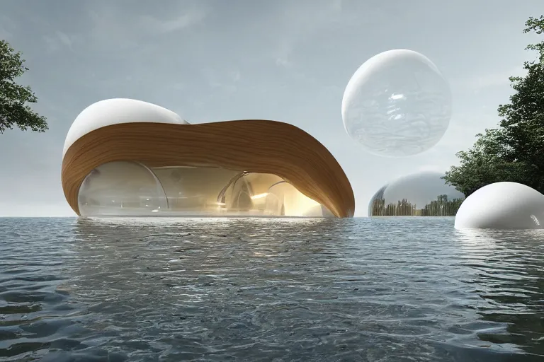 Prompt: many white egg shaped spherical spaces ， like a soap bubble, it depends on each other to form a modern science fiction building ， by pierre bernard, on the calm lake, people's perspective, future, interior wood, marble, award winning, highly detailed 4 k art, dusk, unreal engine highly rendered, global illumination, radial light, internal environment