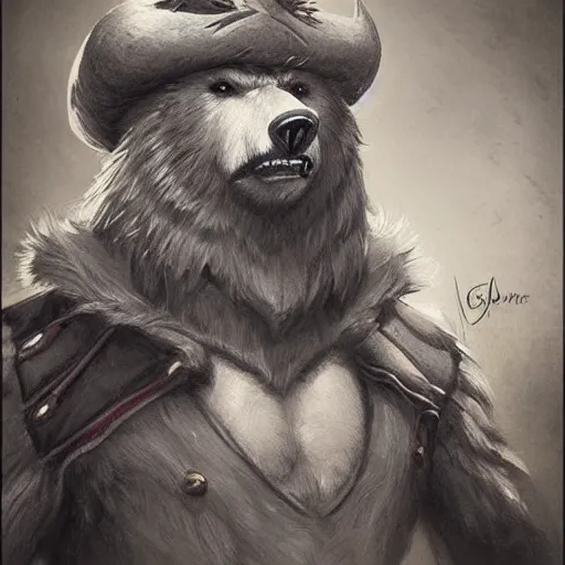 Image similar to dashing charming grinning charismatic bear beast-man rogue, wearing captain's tricorne hat, naval background, amazing, lifelike award winning pencil illustration trending on art station artgerm Greg rutkowski cinematic