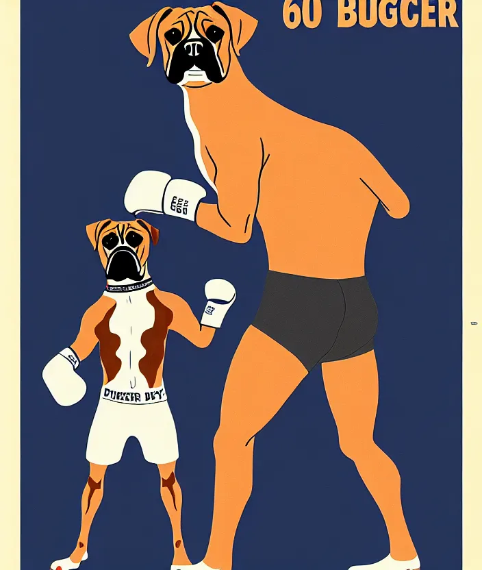 Image similar to boxer sportsman as boxer dog, anatomically correct, style of american 6 0's poster