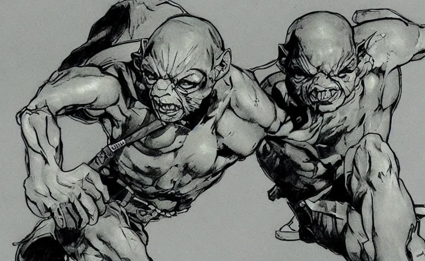 Prompt: yoji shinkawa drawing of gollum, metal gear solid