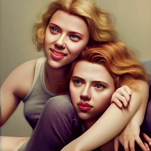 Image similar to intricate beautiful hyperreal portrait of a young scarlett johansson and young scarlett johansson, smiling softly, casual clothes, relaxing on the couch, home interior, golden hour, close up shot, 8 k, art by irakli nadar, hyperrealism, hyperdetailed, ultra realistic