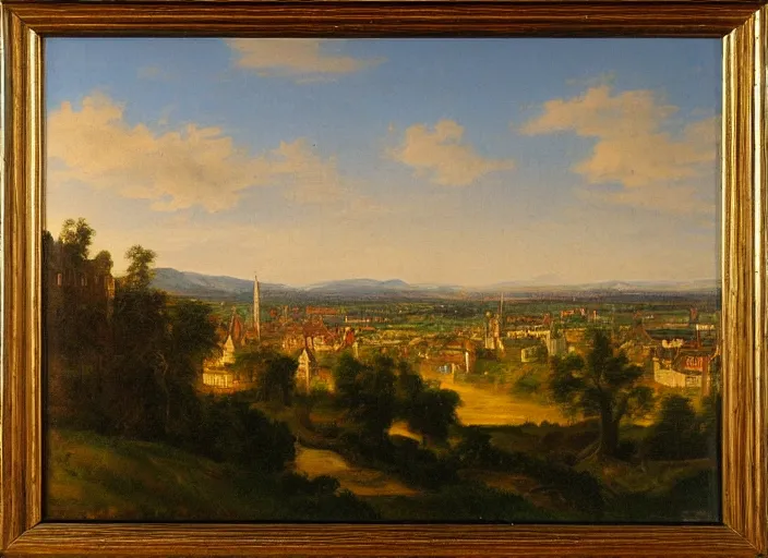 Image similar to nurburg and the surrounding area, germany in the style of hudson river school of art, oil on canvas