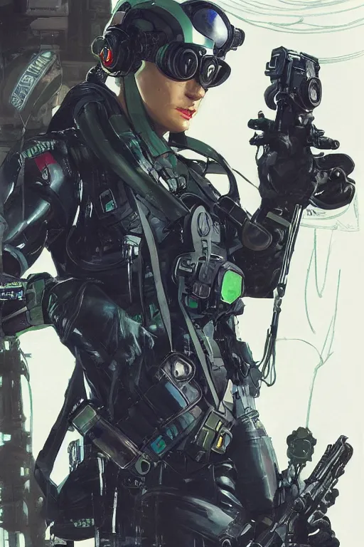 Prompt: Selina. USN blackops operator infiltrating oil rig. Operator wearing Futuristic cyberpunk tactical wetsuit. Frogtrooper. rb6s, MGS, and splinter cell Concept art by James Gurney, greg rutkowski, and Alphonso Mucha. Vivid color scheme.