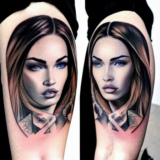 Image similar to hyper realism tattoo design of megan fox face double exposure effect with beautiful mountain scenery, in the style of matteo pasqualin, amazing detail, sharp, faded