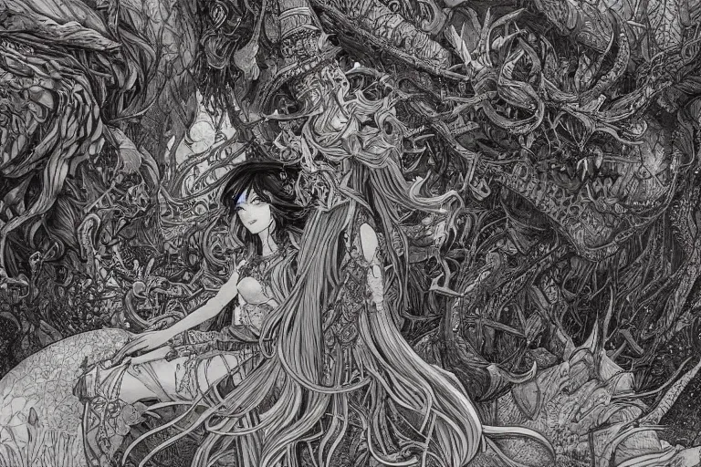 Image similar to a fantasy land, monsters, beautiful, mesmerizing, concept art, intricate linework, detailed and intricate environment, artstation, inspired by monstress, sana takeda