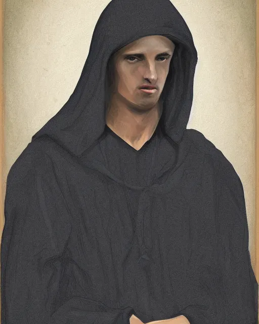 Image similar to digital art portrait of a young man in dark robes, hooded