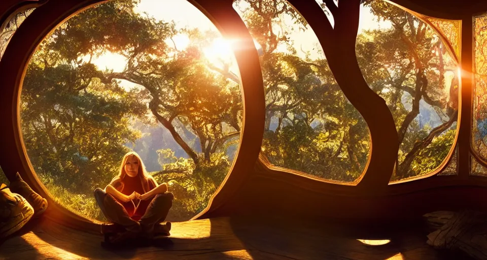 Prompt: An incredibly beautiful shot from a 2022 Marvel film featuring a character sitting in a cozy art nouveau reading nook inside a fantasy treehouse. Golden Hour. 8K UHD.