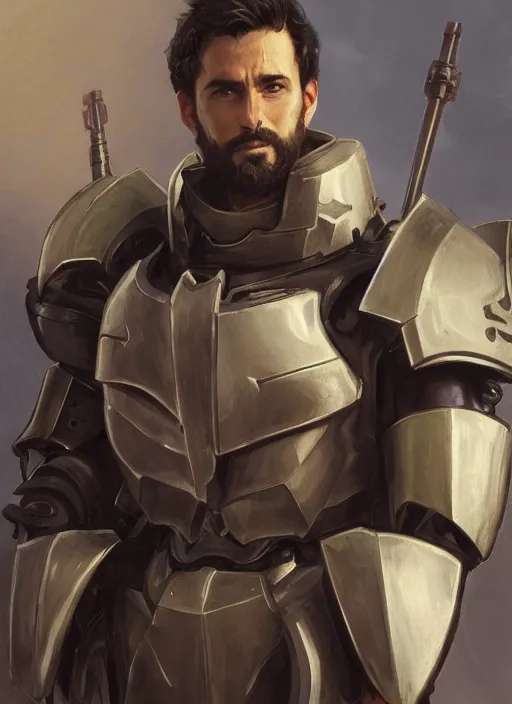 Image similar to medium-length portrait of a male paladin with short curly hair and a dark beard, dark brown skin, happy expression, wears a suit of power armor, gundam, buster sword, medieval setting, highly detailed, digital painting, artstation, concept art, sharp focus, illustration, art by greg rutkowski and alphonse mucha