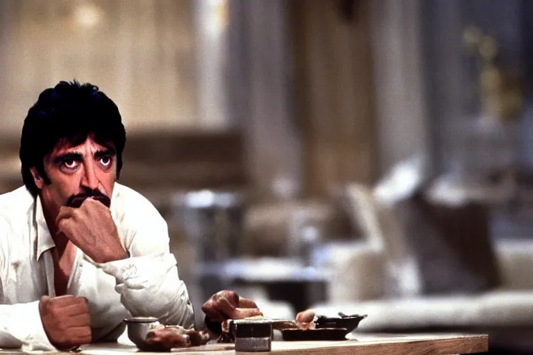 Prompt: tony montana from movie scarface 1 9 8 3 sitting at a big black oak table with big packages of flour. next to the night window. ( al pacino ). perfect symmetric face, coherent eyes,, fine details, 4 k, ron cobb, cinestill