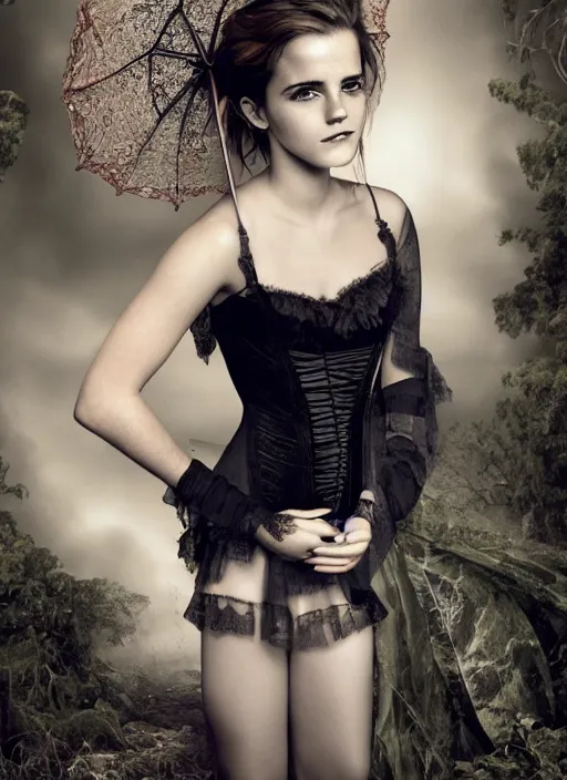 Image similar to Emma Watson for Victorian Secret as dark goth, perfect face, hot summertime, full length shot, XF IQ4, 150MP, 50mm, f/1.4, ISO 200, 1/160s, natural light, Adobe Photoshop, Adobe Lightroom, DxO Photolab, Corel PaintShop Pro, rule of thirds, symmetrical balance, depth layering, polarizing filter, Sense of Depth, AI enhanced