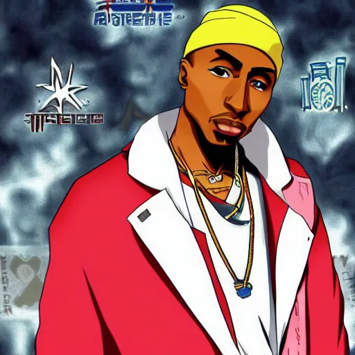 Image similar to Tupac Shakur, screenshot from a 2012s anime