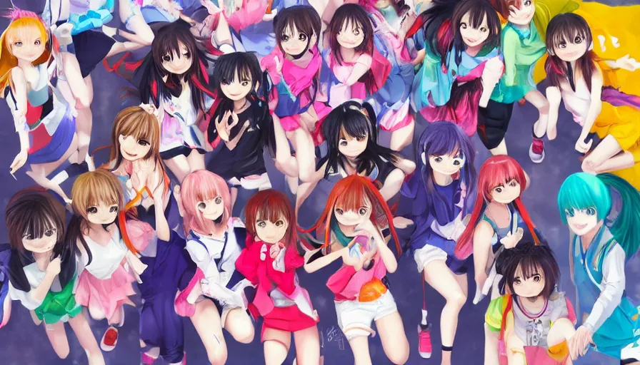 Image similar to group of cute anime characters jumping, colorful outfits, realistic face, detailed face, detailed eyes, short miniskirts, lightly dressed, ultra detailed digital art, hyper real, detailed, group photo, ultra detailed, ground up angle