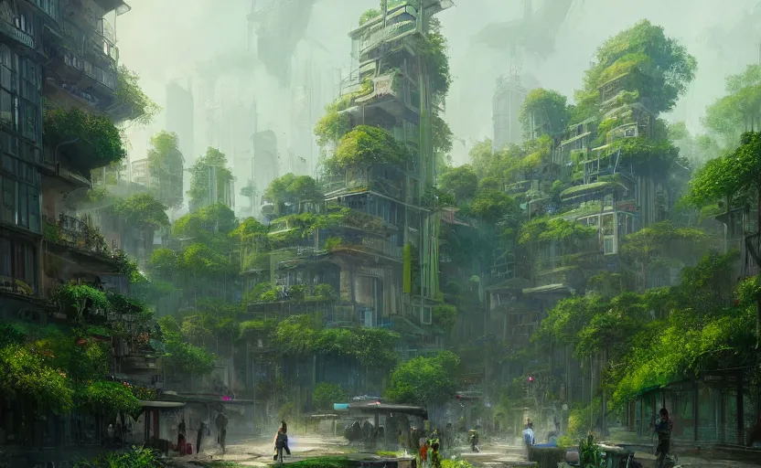 Image similar to A painting of a Solarpunk City covered in Greenery trending on artstation in the style of Greg Rutkowski