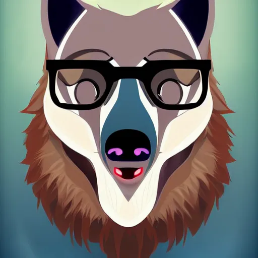 Prompt: a fresh and handsome werewolf wearing a turtleneck and glasses, grinning; digital art