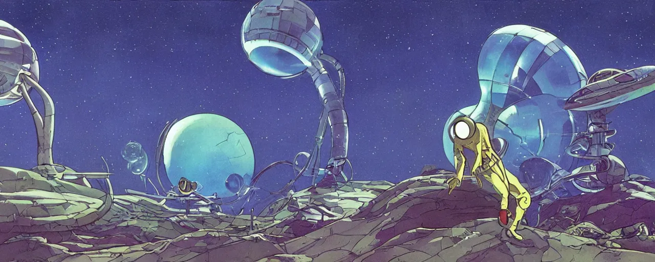 Image similar to a man on field spaceship station landing laying outer worlds in FANTASTIC PLANET La planète sauvage animation by René Laloux