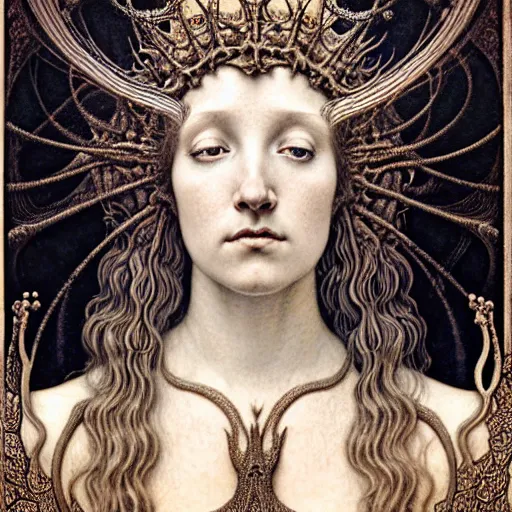 Image similar to detailed realistic beautiful young medieval queen face portrait by jean delville, gustave dore, iris van herpen and marco mazzoni, art forms of nature by ernst haeckel, art nouveau, symbolist, visionary, gothic, neo - gothic, pre - raphaelite, fractal lace, intricate alien botanicals, ai biodiversity, surreality, hyperdetailed ultrasharp octane render