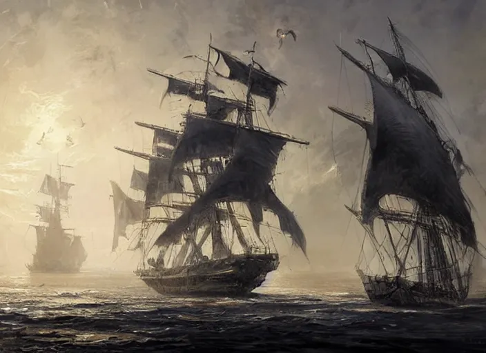 Prompt: A large black pirate ship with huge sails, covered by black tar. The ship waits in the white stone pier. Fantasy digital painting by Greg Rutkowski. Fantasy. Digital painting. Greg Rutkowski. Fantasy artwork.