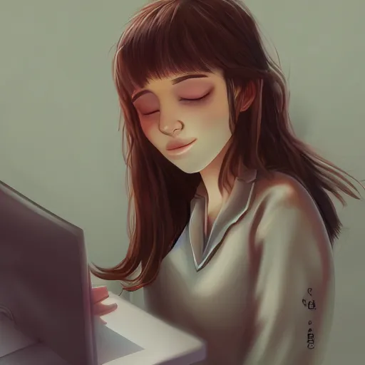 Image similar to tired girl in pyjamas working on computer, tired eyes, digital art, drawing, artstation