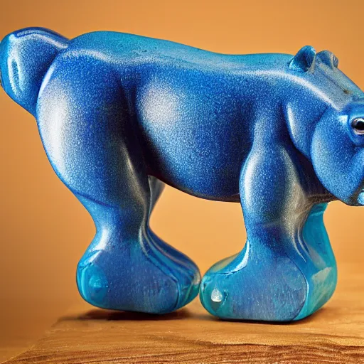 Image similar to small hippopotamus wood and blue epoxy sculpture, small, 3 5 mm macro photography, studio