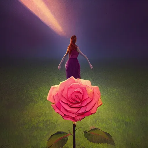 Image similar to closeup, giant rose flower head, frontal, girl in a suit, surreal photography, sunrise, dramatic light, impressionist painting, digital painting, artstation, simon stalenhag