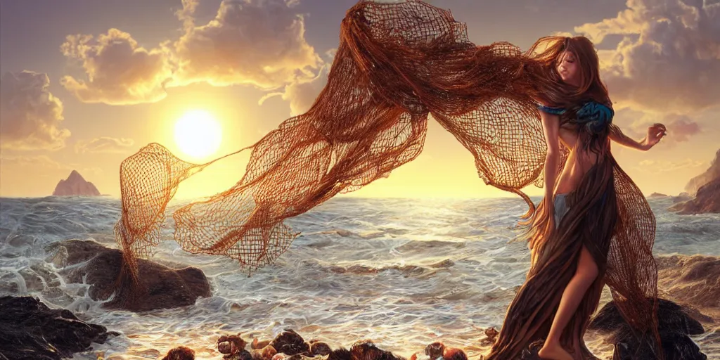 Image similar to ! dream long shot of big sun rough sea and jagged rocks nets, plastic bottles, garbage, sand and sea, with a beautiful girl on the rocks, golden hour, fantasy, hyper realistic, artstation, art by artgerm and sangsoo jeong and john william waterhouse