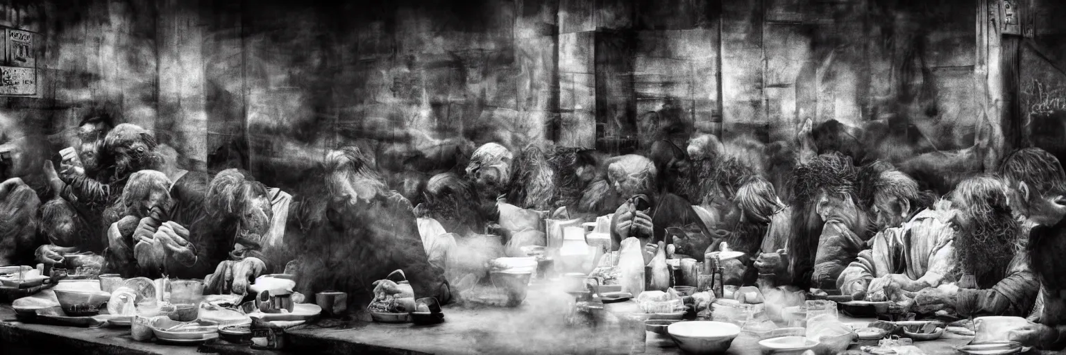 Image similar to Award Winning Editorial 84° wide-angle picture of a Tramps in a Soup Kitchen by David Bailey and Lee Jeffries, called 'The Last Supper', 85mm ND 5, perfect lighting, gelatin silver process