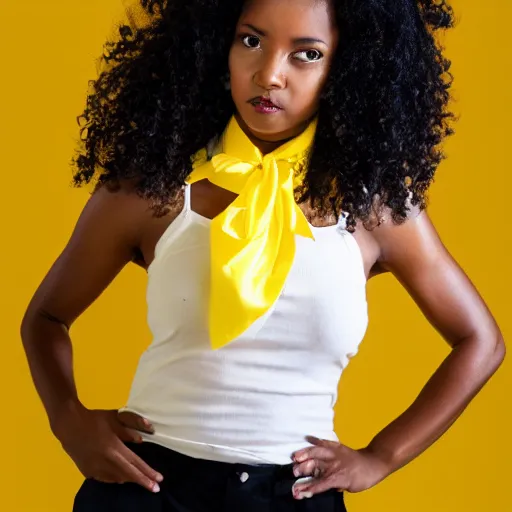 Image similar to Studio portrait of fashionable female professional dancer, dark skin, short curly hair, yellow pants, red top, expressive posture