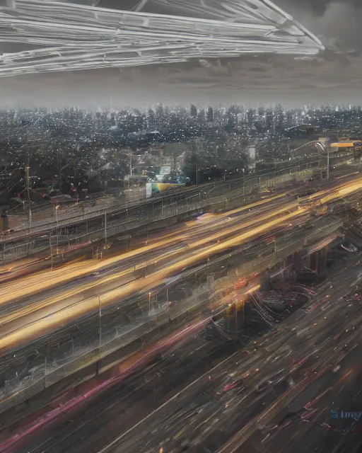 Image similar to freeway at night, light from traffic in the city beyond, unreal engine, hyperrealism, realistic shading, cinematic composition, realistic render, octane render, detailed textures, by liam wong and makoto shinkaismoothed : symmetrical fractal pattern, collection of cells, artwork for creative design, art and entertainment