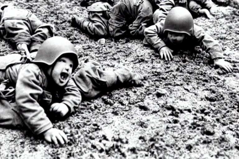 Prompt: newborn baby soldiers crawling, storming normandy, old world war 2 photo, film grain