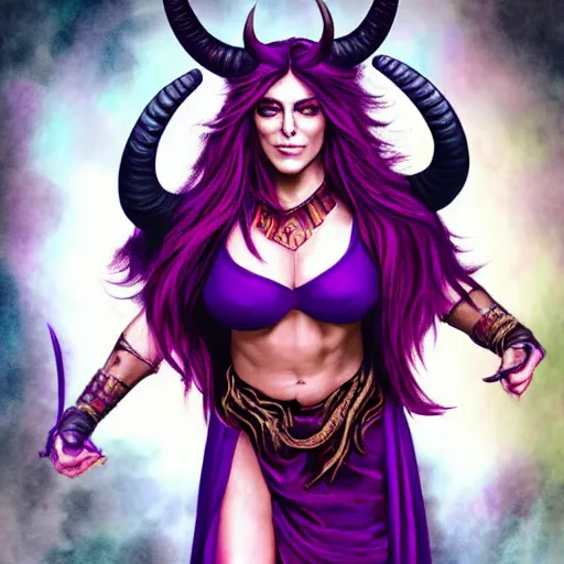 Prompt: illustrated hyper realistic portrait of Elizabeth Hurley as ram-horned devil woman with purple hair, red dress, epic action pose by rossdraws, award winning epic HD photography