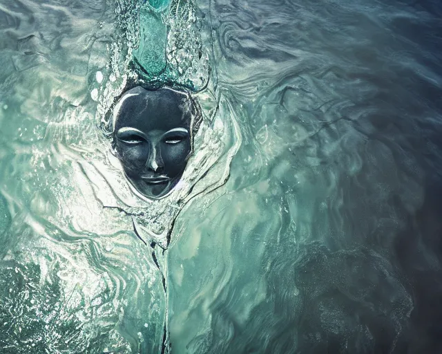 Image similar to water art manipulation of a surreal human head with open eyes burried in the ocean, shot from above, hyper realistic, ray tracing, realistic water, sharp focus, 8 k resolution, cinematic